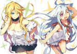  2girls ahoge animal_ears bare_shoulders blue_eyes blue_hair breasts cleavage cowboy_shot guilty_arms hand_on_hip katou_itsuwa long_hair multiple_girls one_eye_closed sailor_dress salute smile very_long_hair violet_eyes 