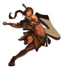  abs absurdres axe breasts brown_eyes brown_hair canteen detached_sleeves head_feathers headband highres holding_weapon huge_weapon indian indian_clothes large_breasts long_hair looking_to_the_side low-tied_long_hair midriff muscle native_american original ribs sandals sideboob six_pack skirt throwing throwing_stick tomahawk under_boob warrior weapon wolflamb 