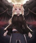  1girl absurdres bat_wings belt black_belt black_choker black_hoodie blonde_hair breasts choker clouds commentary_request cross eyebrows_visible_through_hair hair_between_eyes highres hood hoodie horns long_hair long_sleeves looking_at_viewer lunati medium_breasts mole mole_under_eye original pants red_eyes solo wings 