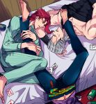  barefoot bed blurry can card closed_eyes drooling grey_hair handheld_game_console jean_pierre_polnareff jojo_no_kimyou_na_bouken kakyouin_noriaki kazemarurin kuujou_joutarou leg_hug pajamas playing_card redhead sleeping sleeping_on_person striped striped_pajamas 