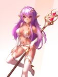  1girl boots breasts bridal_gauntlets bustier choker cleavage dark_elf dark_skin elf garter_belt garter_straps gem hair_ornament highres long_hair looking_at_viewer original panties pointy_ears purple_hair smile solo staff thigh-highs thigh_boots thighs underwear violet_eyes white_panties yellowpaint. 