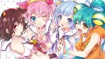 4girls ;) ;d absurdres animal_ears bell blue_eyes blush bow breasts brown_hair cat_ears character_request cow_ears fingerless_gloves gloves green_hair hair_bow hairband heart highres holmy_(show_by_rock!!) jacqueline_(show_by_rock!!) kawa_(masru) long_hair multiple_girls one_eye_closed open_mouth pink_eyes pink_hair ponytail rosia_(show_by_rock!!) short_hair show_by_rock!! smile striped striped_bow v white_gloves yellow_eyes 