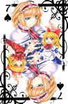  1girl alice_margatroid blonde_hair blue_eyes bow capelet card card_(medium) dress hair_bow hairband highres hourai_doll playing_card puppet_rings ribbon shanghai_doll touhou yoiti 