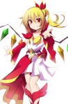  1girl alternate_costume asymmetrical_hair asymmetrical_wings blonde_hair detached_sleeves dress flandre_scarlet go!_princess_precure looking_at_viewer magical_girl outstretched_hand precure rando_seru red_eyes side_ponytail smile solo touhou white_dress wide_sleeves wings 