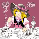  1girl alice_margatroid blonde_hair bow braid character_doll fire hair_bow hat kirisame_marisa long_hair maruhachi_(maruhachi_record) pink_eyes plate potion skull smile solo spoon tongue tongue_out touhou witch_hat 