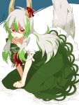  1girl angry bow collarbone dress ex-keine fang green_dress green_hair highres horn_ribbon horns kamishirasawa_keine kneeling long_hair looking_at_viewer multicolored_hair off_shoulder open_mouth puffy_sleeves red_eyes ribbon short_sleeves silver_hair six_(fnrptal1010) solo tail touhou two-tone_hair 