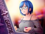  1girl arcade_cabinet bare_shoulders blue_eyes blue_hair bra_strap breasts bunny_girl carrot energy_gun game_cg geta glasses highres hunie_pop indoors japanese_clothes kimono nikki_ann-marie ninamo obi off-shoulder_sweater playing_games ray_gun ribbed_sweater sash short_hair solo star sweater ufo weapon 