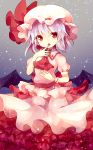  1girl ascot bat_wings dress finger_to_mouth frilled_dress frills fuiyu_(feuille0818) gradient gradient_background hat hat_ribbon lavender_hair layered_dress looking_at_viewer mob_cap open_mouth pink_dress puffy_sleeves red_eyes remilia_scarlet ribbon sash short_hair short_sleeves solo tongue touhou wings wrist_cuffs 