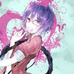  1girl animal_ears asama_shiko candy cat_ears cat_tail collar heart highres leaning_back lollipop looking_at_viewer original payot pink-framed_glasses purple_hair short_sleeves sketch solo tail two-tone_background upper_body violet_eyes 