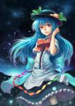  1girl absurdres blue_hair bow dress food fruit hat highres hinanawi_tenshi layered_dress leaf light_particles long_hair looking_at_viewer night night_sky peach petals red_eyes ribbon sanwood_mori sky smile solo touhou upskirt 