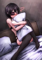  1girl bed black_eyes black_hair black_legwear blush commentary_request eyepatch fukasugi_aiko heart looking_at_viewer original pillow pillow_hug ray-k smile solo underwear yandere 