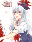  1girl blue_dress blue_hair dress drooling hat highres kamishirasawa_keine long_hair neckerchief open_mouth puffy_short_sleeves puffy_sleeves red_eyes shirt short_sleeves silver_hair six_(fnrptal1010) solo touhou very_long_hair 