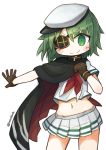  &gt;:) 1girl cape contrapposto cowboy_shot eyepatch flat_cap gloves green_eyes green_hair hat kantai_collection kiso_(kantai_collection) miniskirt nanatsuta navel neckerchief outstretched_arm outstretched_hand pleated_skirt remodel_(kantai_collection) sailor short_hair skirt stomach twitter_username white_background 