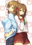  2girls back-to-back brown_eyes brown_hair cowboy_shot guilty_arms hand_on_hip katou_itsuwa looking_at_viewer multiple_girls school_uniform serafuku skirt 