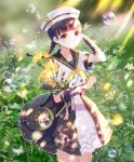  1girl black_eyes black_hair braid bubble flower hat light_rays long_hair mingou91 original school_uniform serafuku single_braid smile solo 