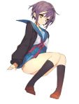  1girl black_legwear blonde_hair k_(li) kneehighs nagato_yuki pigeon-toed purple_hair school_uniform serafuku short_hair simple_background sitting solo suzumiya_haruhi_no_yuuutsu sweater white_background 