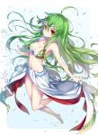  1girl ahoge athena_(p&amp;d) barefoot bikini blush breasts cleavage front-tie_top green_hair hong_(white_spider) large_breasts long_hair looking_at_viewer puzzle_&amp;_dragons red_eyes sarong smile solo swimsuit very_long_hair 