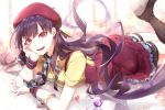  1girl beret boots commentary_request dress hat head_rest long_hair looking_at_viewer lying on_stomach phino purple_hair red_eyes solo thigh_strap vocaloid wrist_cuffs xin_hua 