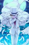  1boy blue_eyes cape chiko_(mizuho) formal gloves hat highres kaitou_kid magic_kaito meitantei_conan monocle necktie short_hair solo suit top_hat 