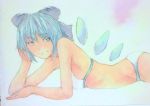  1girl arm_support bikini blue_eyes blue_hair bow breasts cirno grey_background hair_bow looking_at_viewer looking_to_the_side lying on_side short_hair solo swimsuit touhou traditional_media upper_body watercolor_(medium) wings yuyu_(00365676) 