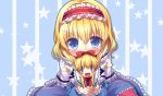  2girls alice_margatroid blonde_hair blue_eyes blush blush_stickers bow bowtie capelet covering_mouth hair_bow hairband looking_at_viewer multiple_girls outstretched_arms shanghai_doll short_hair silver15 spread_arms star starry_background touhou 