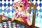  1girl argyle argyle_background aru0607 ascot blonde_hair board_game chair chess chess_piece chessboard cup dutch_angle elbow_rest expressionless flandre_scarlet gradient gradient_background head_rest light_particles looking_at_viewer mob_cap puffy_short_sleeves puffy_sleeves red_eyes saucer short_hair short_sleeves side_ponytail sitting solo table teacup touhou wings wrist_cuffs 