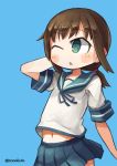  1girl blue_background brown_hair chestnut_mouth cowboy_shot fubuki_(kantai_collection) green_eyes kantai_collection nanatsuta neck_ribbon one_eye_closed pleated_skirt ponytail ribbon sailor_collar school_uniform scrunchie serafuku skirt 