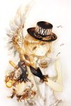  1girl acrylic_paint_(medium) bare_arms blonde_hair flower gears gloves hat head_tilt keiko_(mitakarawa) light_bulb looking_at_viewer mechanical_wings musical_note original parted_lips roman_numerals shirt short_hair simple_background single_wing sleeveless sleeveless_shirt solo speaker steampunk top_hat traditional_media watercolor_(medium) white_background wings yellow_eyes 