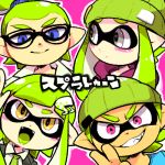  2boys 2girls :d artist_request beanie blazer blue_eyes blush collared_shirt copyright_name fangs glasses green_eyes green_hair grey_eyes grin hair_ornament hairclip hat inkling looking_at_viewer multiple_boys multiple_girls necktie open_mouth orange_eyes pointy_ears purple_background shirt smile splatoon tentacle_hair v violet_eyes 