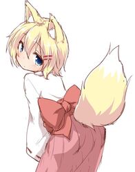 1girl animal_ears blonde_hair blue_eyes fox_ears fox_tail hair_ornament hairclip hakama haori japanese_clothes looking_at_viewer looking_back miko natsu_no_koucha original ribbon-trimmed_sleeves ribbon_trim short_hair sketch tail 