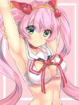  1girl animal_ears arm_behind_head armpits arms_up bow breasts cleavage cleavage_cutout crop_top fake_animal_ears green_eyes hair_bow highres long_hair looking_at_viewer maruki_(punchiki) navel pink_hair rosia_(show_by_rock!!) show_by_rock!! smile solo twintails upper_body very_long_hair 