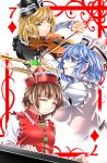  3girls card card_(medium) hat highres instrument keyboard_(instrument) lunasa_prismriver lyrica_prismriver merlin_prismriver multiple_girls playing_card playing_instrument short_hair siblings sisters smile touhou trumpet violin yoiti 