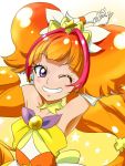  1girl ;) amanogawa_kirara armpits arms_behind_head bare_shoulders choker cure_twinkle earrings florence_temporary gloves go!_princess_precure jewelry long_hair magical_girl multicolored_hair one_eye_closed orange_hair precure redhead smile solo star star_earrings twintails two-tone_hair violet_eyes white_gloves 