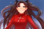  1girl black_hair blue_eyes breasts fate/stay_night fate_(series) long_hair looking_at_viewer maguro_(ma-glo) smile solo tears tohsaka_rin toosaka_rin turtleneck twintails 