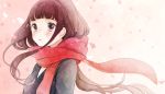  1girl black_eyes blush brown_hair cherry_blossoms highres hime_cut long_hair parted_lips petals red_scarf sayonara_memories_(supercell) scarf shigure_ui solo 