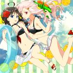  2girls ahoge akn92 bikini black_hair blonde_hair blue_eyes flower hair_flower hair_ornament hairclip innertube kantai_collection long_hair multiple_girls red_eyes remodel_(kantai_collection) shigure_(kantai_collection) skirt smile swimsuit water_gun yuudachi_(kantai_collection) 