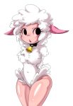  1girl bell black_eyes blush borjoy cow_bell fluffy furry groin lamb leggy_lamb open_mouth payot pointy_ears sheep_wrecked shiny shiny_skin simple_background solo white_background 