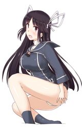  1girl black_hair blush covering covering_ass hair_ribbon hiyou_(kantai_collection) kantai_collection long_hair panties ribbon takaoka_nanase underwear z1_leberecht_maass_(kantai_collection)_(cosplay) 