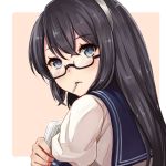  1girl black_hair blue_eyes blush glasses hairband kantai_collection long_hair looking_at_viewer looking_to_the_side mouth_hold ooyodo_(kantai_collection) pink_background portrait qunqing school_uniform semi-rimless_glasses serafuku short_sleeves simple_background solo under-rim_glasses white_border 