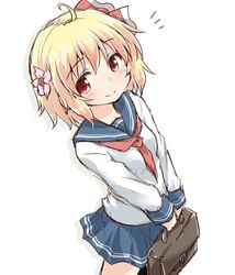  1girl alternate_costume blonde_hair flower hair_flower hair_ornament hair_ribbon natsu_no_koucha red_eyes ribbon rumia school_briefcase school_uniform shirt short_hair skirt touhou 