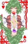  1girl ascot card card_(medium) closed_eyes dual_persona flower green_hair highres kazami_yuuka kazami_yuuka_(pc-98) looking_at_viewer plaid plaid_vest playing_card red_eyes rose touhou yoiti 