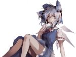  1girl arm_support blue_dress blue_eyes blue_hair cirno dress eating hair_ribbon looking_at_viewer popsicle puffy_short_sleeves puffy_sleeves raito47 ribbon short_hair short_sleeves simple_background sitting solo touhou white_background wings 