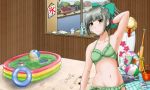  1girl ball beachball bikini bow crane fan glass green_bikini green_bow hat innertube kantai_collection kiddie_pool rensouhou-chan sandals straw_hat swimsuit yano_toshinori yuubari_(kantai_collection) 