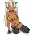 1girl arm_support bikini black_gloves black_legwear breasts choker fingerless_gloves front-tie_top gloves katsudansou large_breasts looking_at_viewer mouth_hold oni_horns original ouhana pointy_ears popsicle side-tie_bikini silver_hair simple_background sitting solo sweat swimsuit thigh-highs twintails white_background yellow_bikini yellow_eyes yokozuwari 