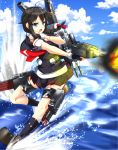  1girl absurdres ahoge blue_eyes blue_sky braid clouds fingerless_gloves firing gloves hair_ornament highres kantai_collection kneehighs open_mouth remodel_(kantai_collection) school_uniform serafuku shigure_(kantai_collection) single_braid skirt sky solo splashing stachz tsurime water 