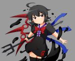  &gt;:( 1girl ahoge asymmetrical_wings black_dress black_hair black_legwear dress houjuu_nue ink looking_at_viewer manorea pointy_ears polearm red_eyes serious short_hair solo thigh-highs touhou trident weapon wings wristband 