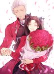  1boy 1girl ^_^ archer black_hair blush bouquet closed_eyes fate/stay_night fate_(series) flower highres holding_hands long_hair open_mouth petals ribbon rose short_hair smile tohsaka_rin toosaka_rin twintails white_background white_hair wowishi 