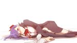  1girl bb_(fate/extra_ccc) black_legwear blush breasts fate/extra fate/extra_ccc fate_(series) hair_ribbon kurikara lace lace-trimmed_thighhighs long_hair lying on_side purple_hair ribbon skirt solo thigh-highs twitter_username violet_eyes 