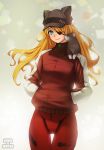  1girl animal_hat blonde_hair blue_eyes cat cat_hat delant eyepatch hands_in_pockets hat long_hair neon_genesis_evangelion plugsuit rebuild_of_evangelion shikinami_asuka_langley smile solo souryuu_asuka_langley track_jacket 