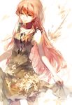  1girl cathy_inaba closed_eyes collarbone flower highres holding_clothes long_hair megurine_luka smile solo vocaloid 
